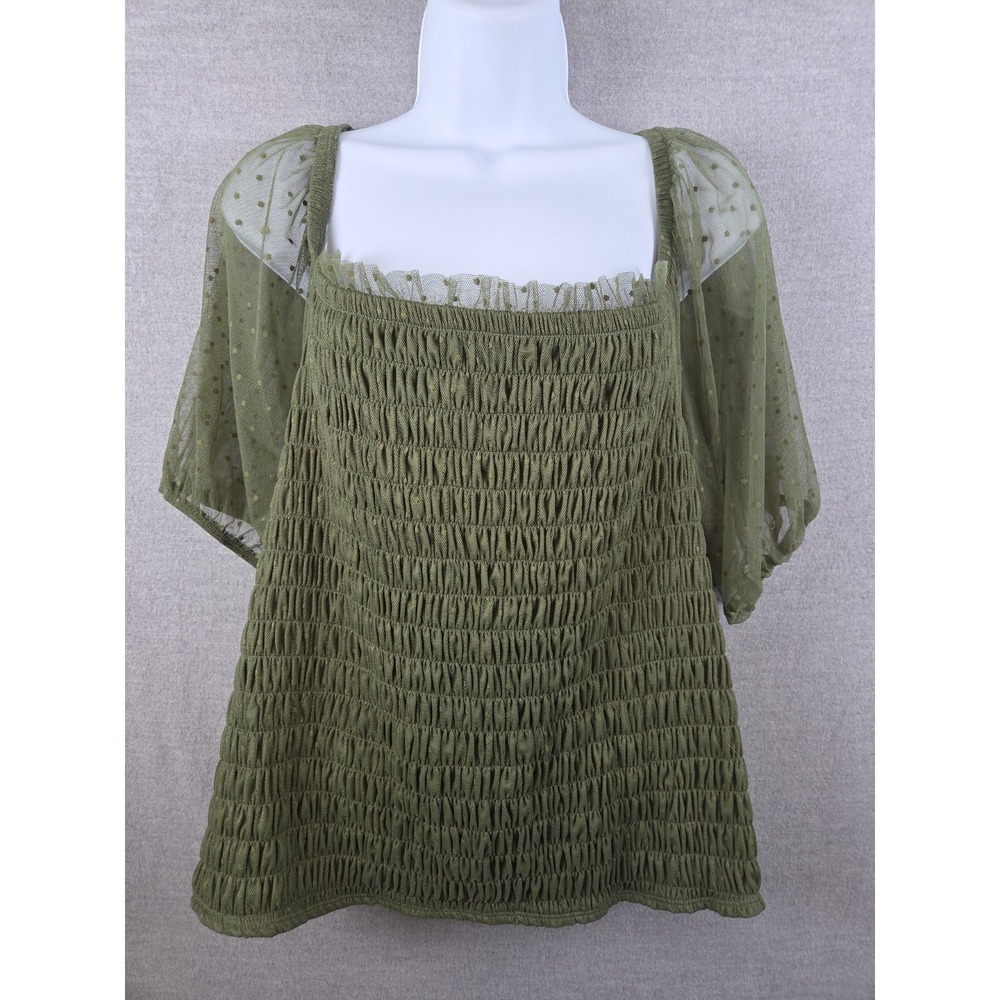 Torrid‎ 3X Dot Mesh Smocked Top Olive Green Square Neck Fairy Festival NEW